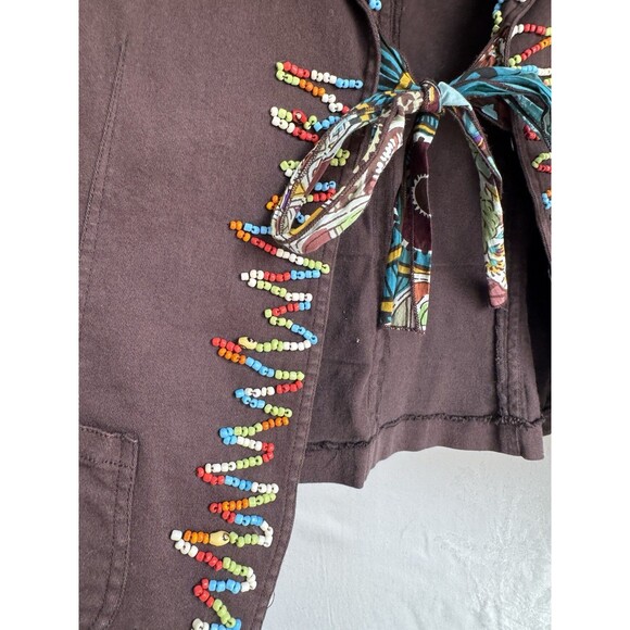 Julie G Boho Beaded Seashell Brown Front Tie Hippy Jacket Large Vintage - Picture 3 of 9